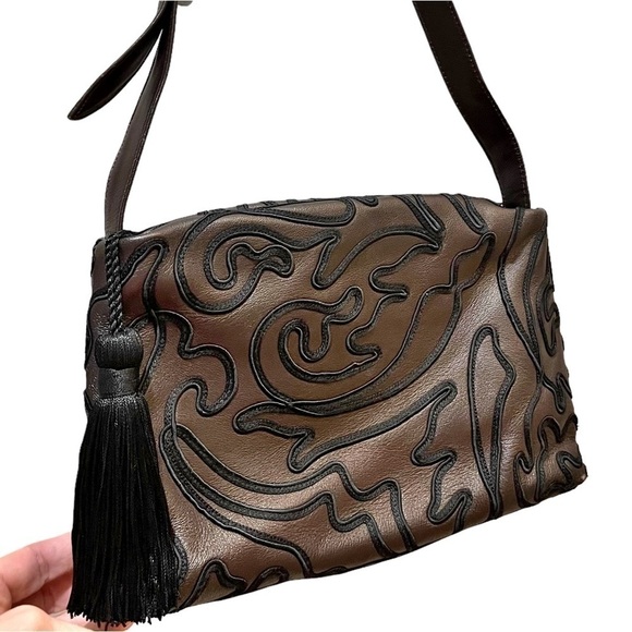 Sharif Brown Leather w/ Black Embroidery Detail Shoulder Bag - Picture 2 of 11